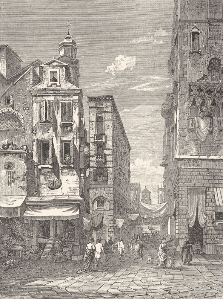 VENICE. Rialto approach, from Campo San Bartolomeo 1880 old antique print